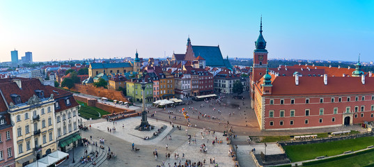 Warsaw, Poland - August 11, 2017: Beautiful aerial panoramic view of Plac Zamkowy square in Warsaw, with historic building, including Sigismund III Vasa Column, and people at summer sunset, Warsaw, Po