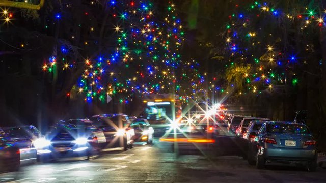 Timelapse of Christmas Tree Lane Illumination in Altadena, California -Pan Right
