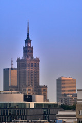 Warsaw, Poland - August 11, 2017: City center with Palace of Culture and Science (PKiN), a landmark and symbol of Stalinism and communism