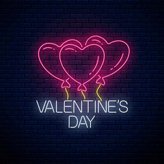 Glowing neon sign of valentines day with heart shape balloons. Vector illustration of valentine day greeting card