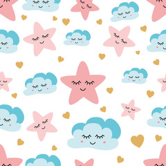 Cute sky pattern. Seamless vector design with smiling, sleeping moon, hearts, stars clouds. Baby wallpaper