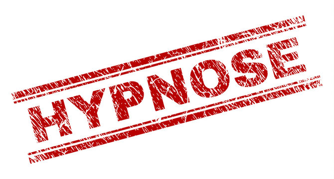 HYPNOSE seal watermark with distress texture. Red vector rubber print of HYPNOSE text with retro texture. Text label is placed between double parallel lines.