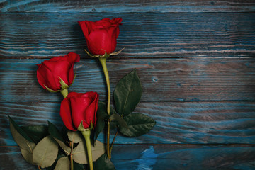 Fototapeta na wymiar bouquet of red roses on a blue wooden background