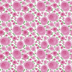 Seamless watercolor background of pink strokes in the form of rose flowers with leaves