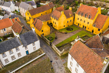 Aerial view of Culross town with it's beautiful 17th century Palace, the merchant's house and traditional Scottish cottages