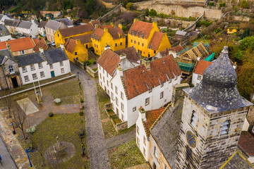 Aerial view of Culross town with it's beautiful 17th century Palace, the merchant's house and...