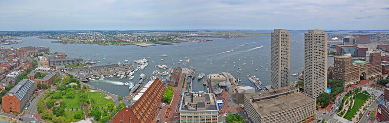 Fototapeta premium Aerial view of Boston Waterfront, Long Wharf and North End panorama, from top of Custom House, Boston, Massachusetts, USA.