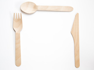 Wooden Cutlery Place Setting with Copy Space