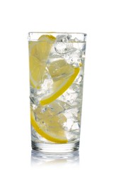 Glass of Water with Ice Cubes and Lemon Slices