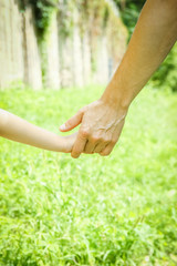 beautiful hands of a child and a parent in a park in nature