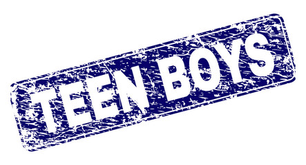 TEEN BOYS stamp seal print with grunge style. Seal shape is a rounded rectangle with frame. Blue vector rubber print of TEEN BOYS label with scratched style.