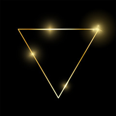 Gold shiny glowing vintage triangle frame with shadows isolated on black background. Golden luxury realistic border. Wedding, mothers or Valentines day concept. Xmas and New Year abstract. Vector