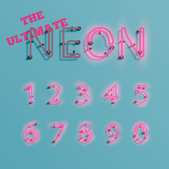 Realistic pink neon character typeset, vector