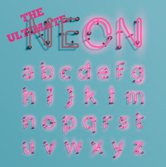 Realistic pink neon character typeset, vector