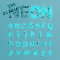 Realistic blue neon character typeset, vector