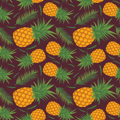 Exotic graphic illustration seamless pattern with yellow pineapple fruits and green leaves on dark purple background