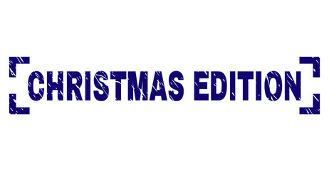 CHRISTMAS EDITION text seal print with grunge style. Text label is placed inside corners. Blue vector rubber print of CHRISTMAS EDITION with dust texture.