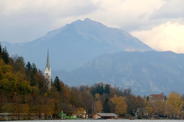 St. Martin`s Parish Church on Lake Bled, Slovenia. Lake Bled is popular travel destination in...