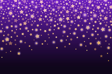 Celebration golden stars confetti abstract. Festive sparkling garland shiny magical winter violet background. Christmas and New Year holiday gold star confetti concetp. Vector illustration