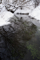 Minimalist style winter landscape. Dark river waters and banks in deep snow