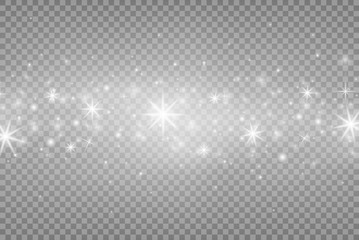 White sparks and silver shiny stars with light effect. Magic dust particles. Vector sparkles effect on transparent background. Christmas and New year abstract pattern. Vector illustration