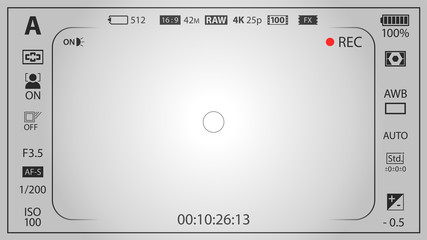 White modern digital camera focusing screen template with vignetting effect. Viewfinder mirrorless, DSLR or cameraphone camera recording. Vector illustration