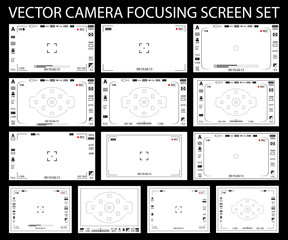 Fototapeta premium Camera focusing screen with settings 13 in 1 pack - digital, mirorless, DSLR, cameraphone isolated. Viewfinders camera recording. Vector illustration