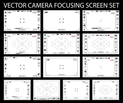 Camera focusing screen with settings 13 in 1 pack - digital, mirorless, DSLR, cameraphone isolated. Viewfinders camera recording. Vector illustration
