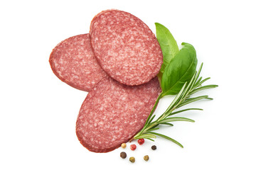 German Sliced Salami with herbs and peppercorns, top view, isolated on a white background