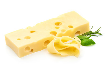Emmental Cheese with basil and rosemary, closeup, isolated on a white background