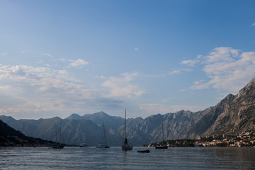 Scenic panoramic view of the Kotor Bay with with yachts moored in it. Kotor, Montenegro, Balkans