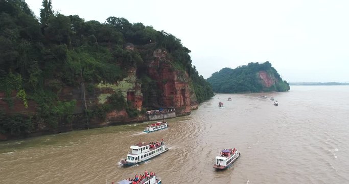 Aerial view of Leshan Giant buddha by the river the UNESCO World Heritage Site at Sichuan China.
