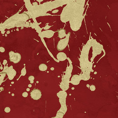 Luxury gold and white metal paint splatter effect on watercolor paper background. Gold glitter splash texture. Beautiful feminine backdrop.