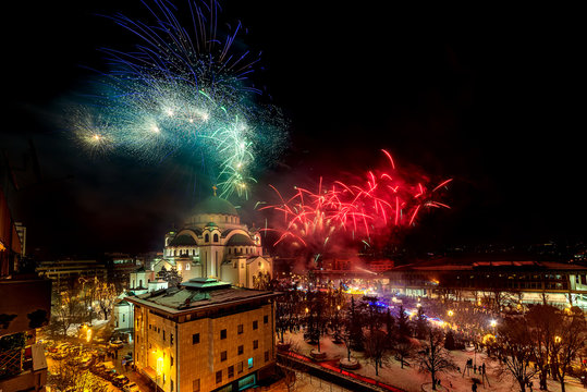 Belgrade, Serbia - January 14, 2019: Orthodox New years eve celebration with fireworks over the Church of Saint Sava at midnight in Belgrade, Serbia