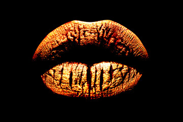 Golden lips on black background. Luxury lipstick. Sensual sexy girl. Lips fashion icon.