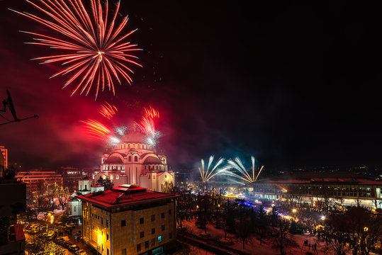 Belgrade, Serbia - January 14, 2019: Orthodox New years eve celebration with fireworks over the Church of Saint Sava at midnight in Belgrade, Serbia