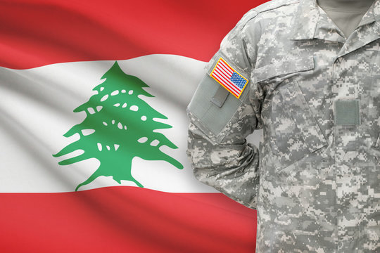 American soldier with flag on background - Lebanon