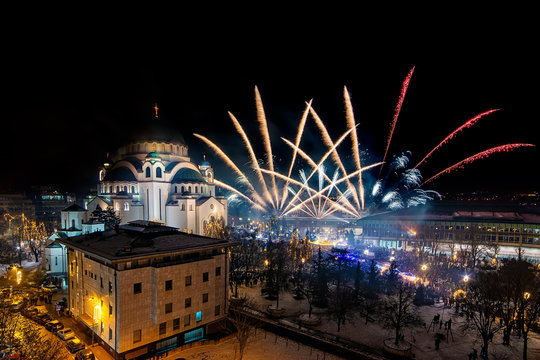 Belgrade, Serbia - January 14, 2019: Orthodox New years eve celebration with fireworks over the Church of Saint Sava at midnight in Belgrade, Serbia
