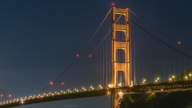Timelapse of Golden Gate Bridge with Reflection at Night -Zoom Out-