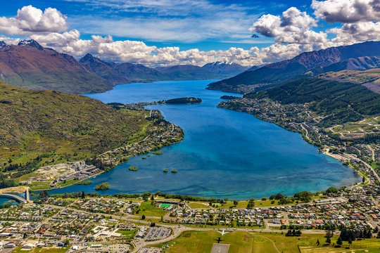New Zealand. South Island, Otago region. Queenstown and Lake Wakatipu, Frankton Arm. There is Cecil Peak in the background, on left