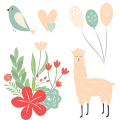 Greeting card elements. Vector elements for greeting card. Vector llama, bird, hearts, air balloons and flowers. Pastel vector elements for greeting card