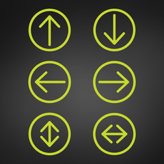Arrow in circle icon set in green color. Collection of round icons with different direction arrows. Editable stroke. Vector illustration isolated on black background.