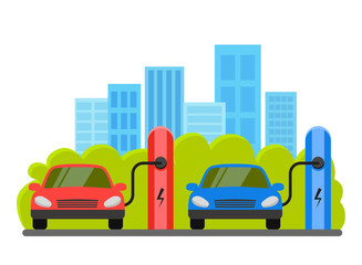 Electric cars at charging station. The background of urban landscape. Flat vector illustration