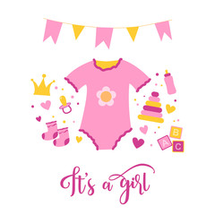 Birth of a girl. Vector hand drawn doodle illustration, cartoon flat style