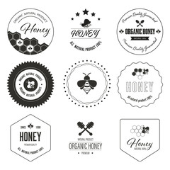 Honey bee label and sticker banner. Logo element natural product flat design.