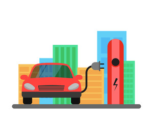 Electric red car and Electrical charging station symbol, isolated on white background