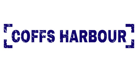 COFFS HARBOUR text seal print with distress texture. Text tag is placed inside corners. Blue vector rubber print of COFFS HARBOUR with corroded texture.