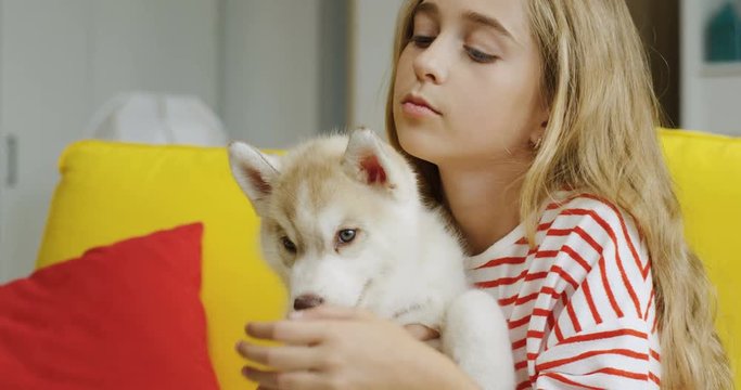 Portrait of the cute pretty teenage girl smiling and hugging small husky dog while taking selfie photo on the smartphone camera on the yellow couch at home. Indoor.