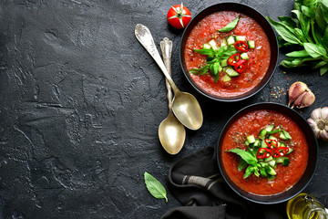 Traditional spanish cold tomato soup.Top view with copy space.