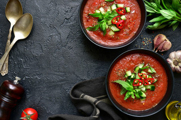 Traditional spanish cold tomato soup.Top view with copy space.